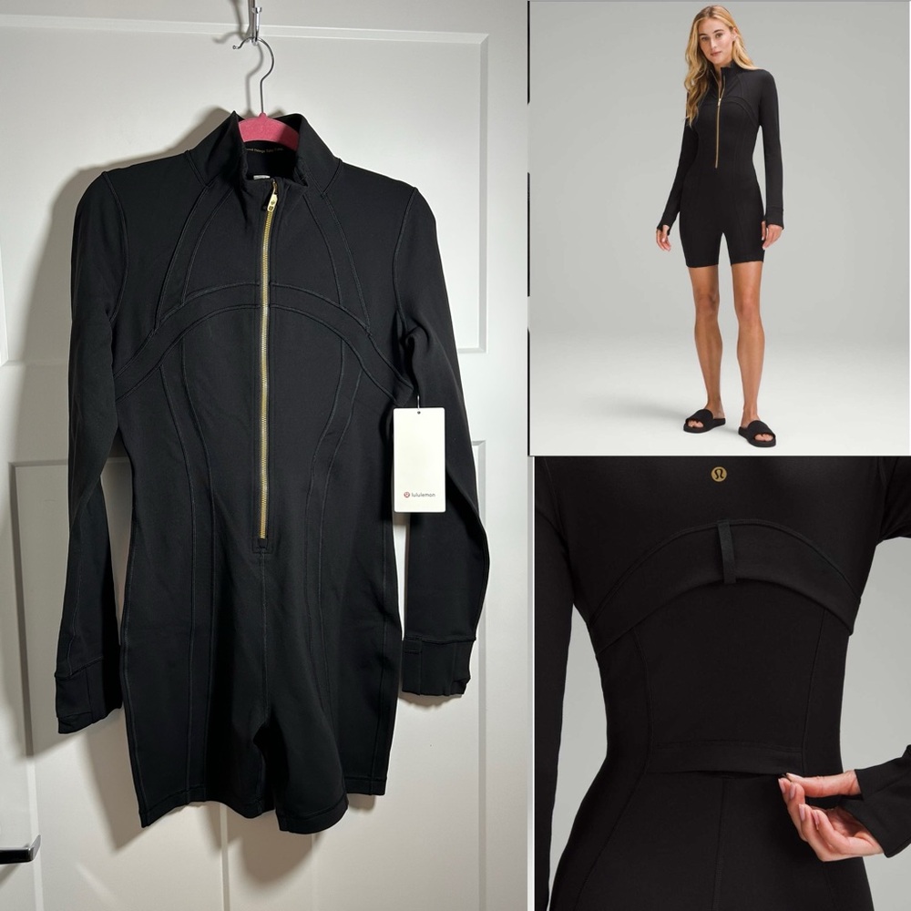Lululemon Define long sleeve bodysuit outfit black w/ gold zipper